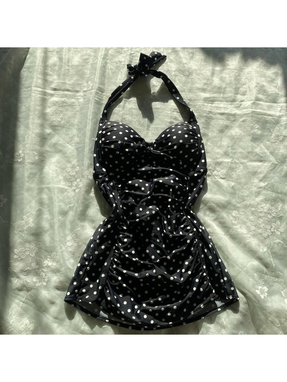 The cutest black and white polkadot one piece dress swimsuit